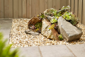 Flags, chippings and rockery stones