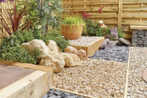 Slate, chippings and rockery stones